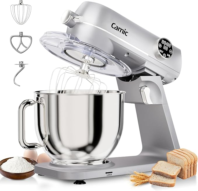 8.45 QT All Metal Dough Mixer,10 Speed Large Capacity Kitchen Stand Mixer with Digital Timer & Tilt-Head, Electric Mixer with Whisk Dough Hook Mixing Beater for Baking,Cakes,Cookie,Bread,Salad(Silver)