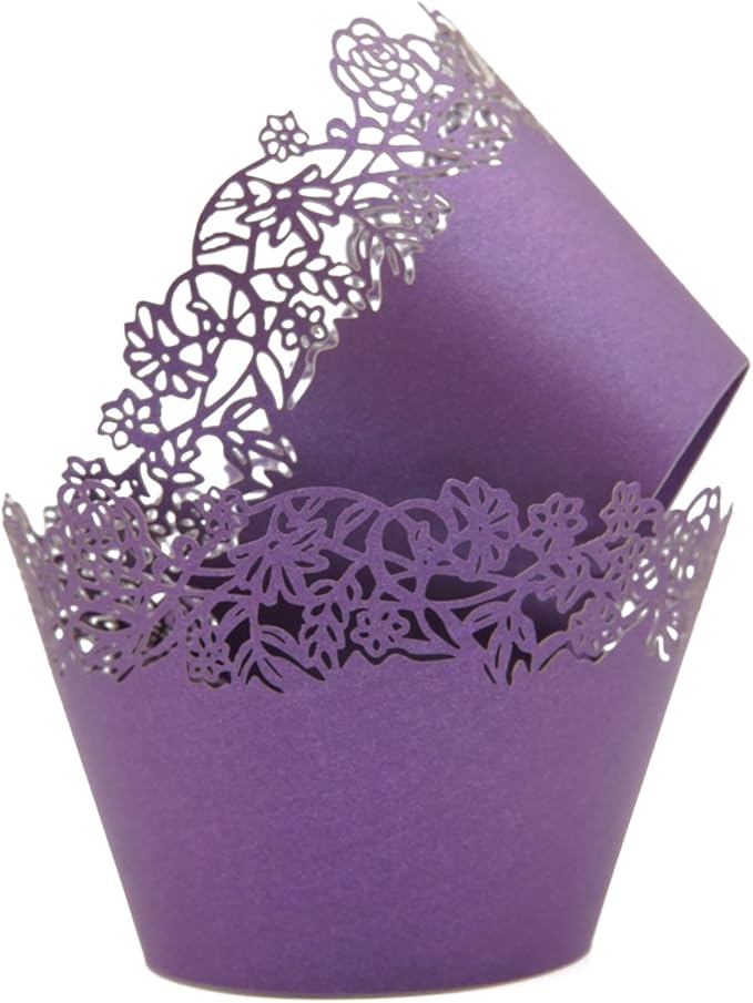 Cupcake Wrappers Pack of 50 Purple Filigree Artistic Bake Cake Paper Cups Little Vine Lace Laser Cut Liner Baking Cup Muffin Case Trays for Wedding Party Birthday Decoration -By KEIVA
