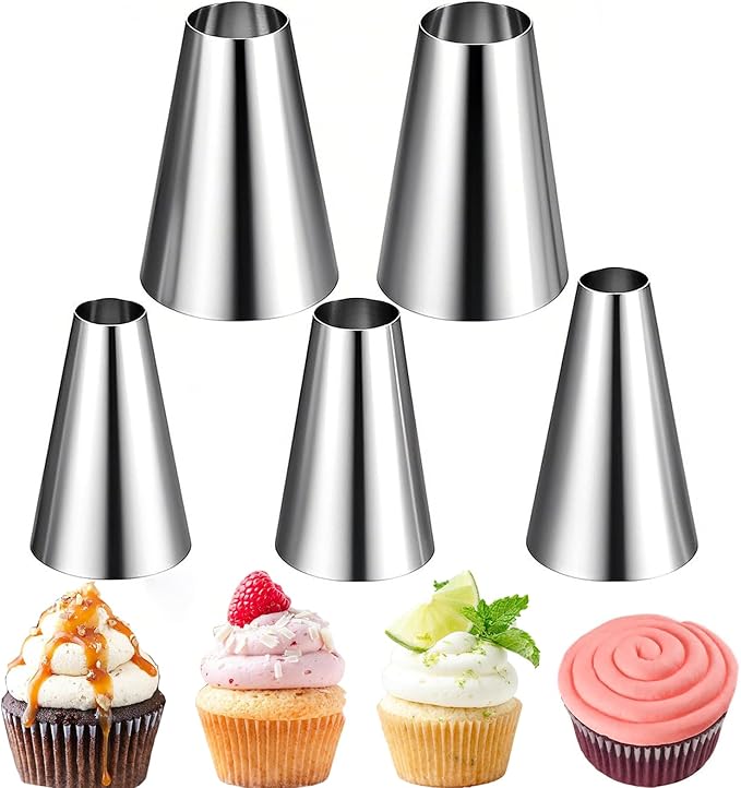 Suuker 5 Pieces Round Piping Tips, Cake Decorating Tips, Frosting Icing Tips for Cupcakes, Cake, Cookie and Decorating（1A 2A 803 R16L R18L）