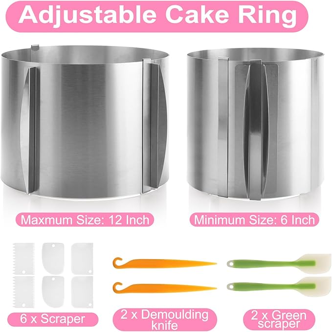 2 Pack Cake Mold 15 cm High, 6-12 Inch Adjustable Cake Ring Mold for Baking, Round Stainless Steel Bakeware Tools for Baking Cooking Making Tool