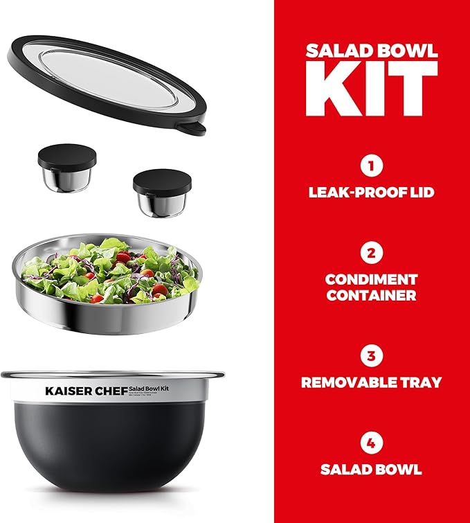 18/8 Stainless Steel Salad Bowl Kit - 74oz, Mixing Bowls with Lids Set, Teakwood - Comes with 1.7oz Condiment Container and Removable Tray for Organization - Leak-Proof, Dishwasher Safe (Black)