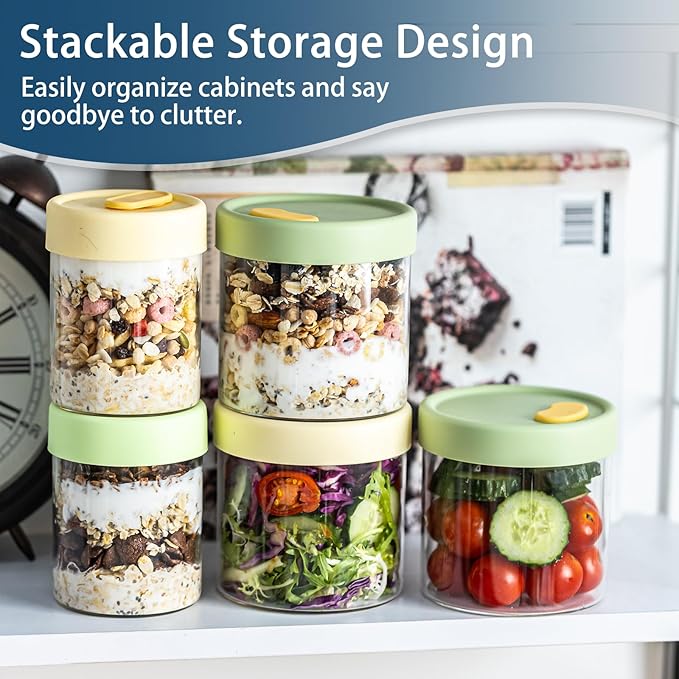 Overnight Oats Containers with Lids, 22oz & 16 oz Glass Jars with Airtight Lids, Wide Mouth Overnight Oats Jar, Salad Meal Prep Jars for Food Storage Yogurt & Cereal (4PCS)