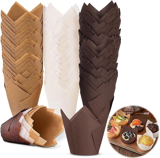 50 Pieces Cupcake Liners for Baking-2-1/4" x 4" Natural,Brown,White 3 colours for Wedding, Birthday Party, Standard Size, Natural Color (Brown)