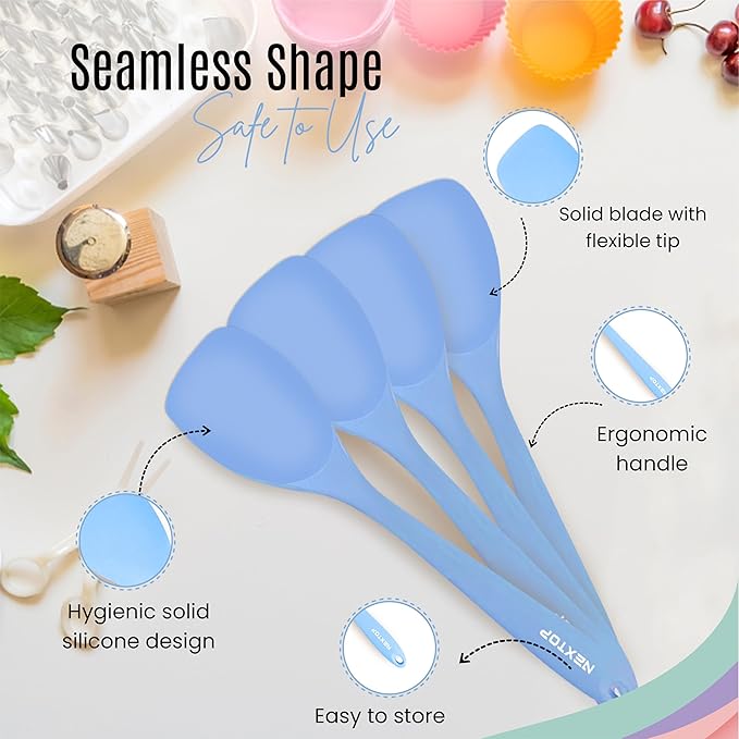 NEXTOP Silicone Spatula Set of 4 - Multipurpose Seamless Silicone Spoon Spatula for Mixing and Cooking - Heat Resistant Flexible Kitchen Utensils for Blending, Stirring, and Baking - Blue