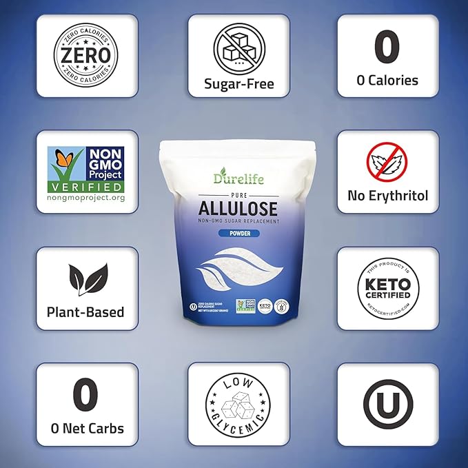 Durelife Allulose sweetener, 10 lb 100% Pure No Erythritol powdered Sugar Substitute, NON-GMO Project Verified, Keto Certified, OU kosher, No Fillers, Zero Calories sugar alternative 10 Lbs