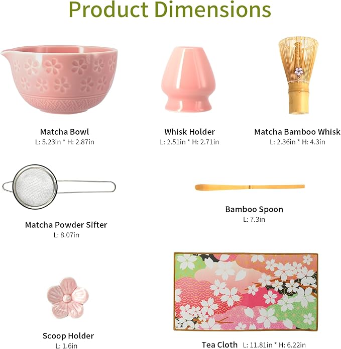 7 Pcs Matcha Whisk Set, Ceramic Matcha Set Includes Matcha Bowl, Matcha Whisk and Holder, Bamboo Scoop, Scoop Rest, Sifter and Tea Towel With home, tea house, office, etc (Pink)