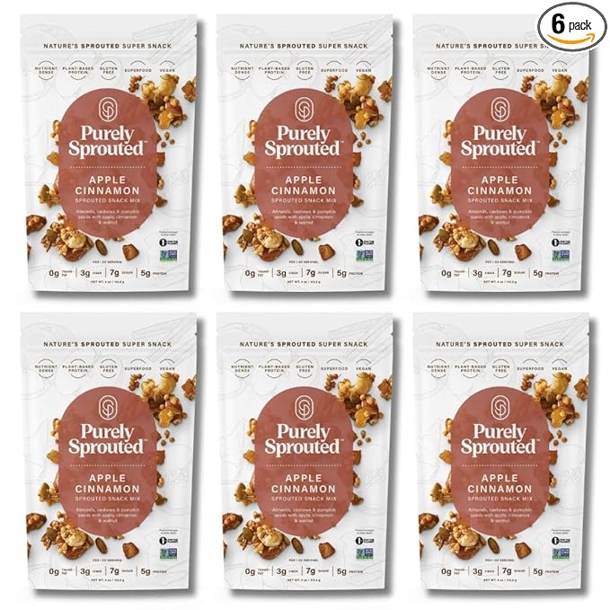 Purely Sprouted Apple Cinnamon Snack Mix - Almonds, Cashew Nuts & Pumpkin Seeds - Non-GMO, Plant-Based Protein, Gluten Free, Vegan, 4 oz