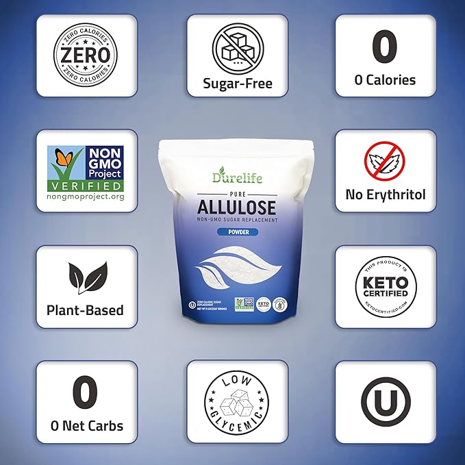 Durelife Allulose sweetener, 5 lb 100% Pure No Erythritol powdered Sugar Substitute, NON-GMO Project Verified, Keto Certified, OU kosher, No Fillers, Zero Calories sugar alternative 5 Lbs