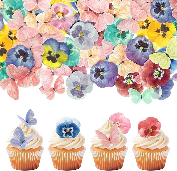 Pansy Butterfly Cake Decoration Edible Wafer cupcake Top decoration Wedding birthday party dessert decoration mix sizes and colors(Set 3【Mix 104pcs】)