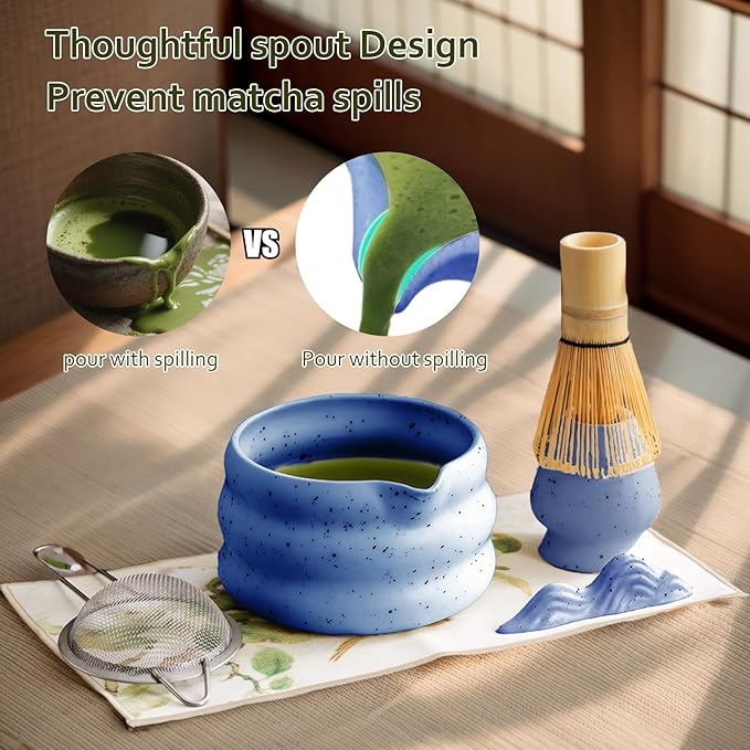 cjc 7-Pcs Matcha Whisk Set, Japanese Matcha Set: Ceramic Matcha Bowl with Spout, Bamboo Whisk & Holder, Spoon, Spoon Holder, Sifter, Tea Cloth –Complete Gift Set for Matcha Lover (Blue）