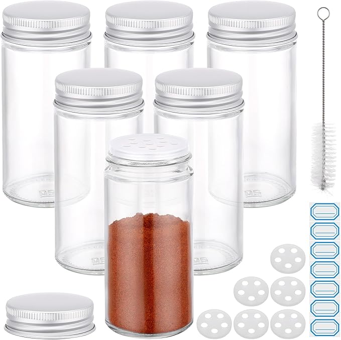 Segarty 3oz Spice Jars with Silver Aluminum Lid, 6PCS 90ml Round Spices Bottles for Seasonings Cereals Storage, Empty Glass Seasoning Container Set, Salt and Pepper Organizers with 7 Stickers, 1 Brush