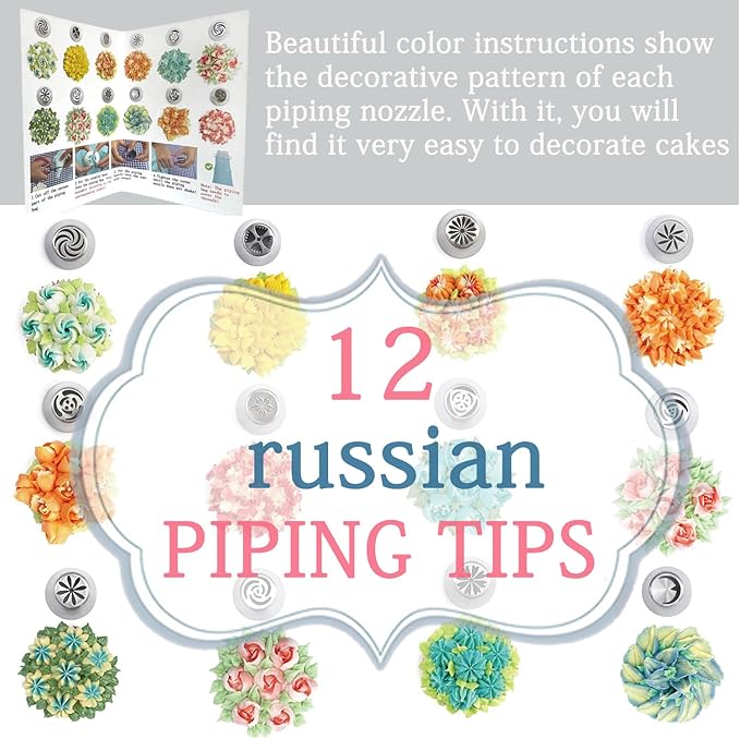 Russian Piping Tips Set, 48PCS Flower Piping Tips for Cake Decorating Large Frosting Piping Kit Icing Bags and Tips Set, Pastry Bags and Tips Cupcake Decorating Kit Cookie Baking Supplies and Tools