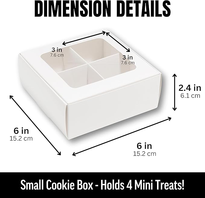 25 pcs White Mini Cookie Boxes with 4 treats Windows and Dividers, Bakery Boxes, 6 x 6 x 2.4 Inches SMALL Baking Boxes, Square Cookies Box Decorating Supplies for Gift Giving
