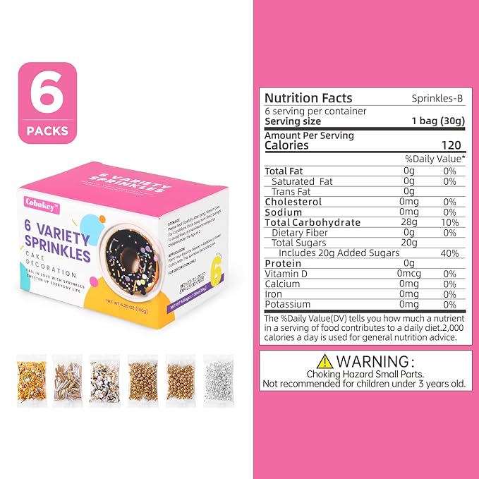 Gold Sprinkles for Cake Decorating, Cupcake, Cookies, Ice Cream Topper, 6 Packs Gold and Silver White Sprinkles, Six of assorted Sprinkles for Baking, Perfect for Party, Anniversary, Wedding