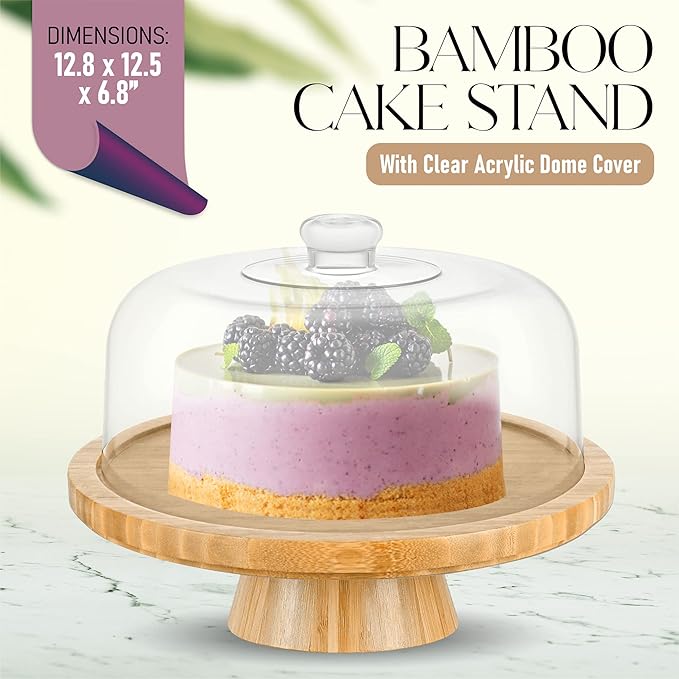 CHEF'S UNIQUE 6-in-1 Bamboo Cake Stand with Dome – Multifunctional Serving Platter, Punch Bowl, Salad Bowl, Chip & Dip Tray, Dessert Display with Clear Acrylic Cover