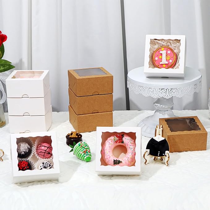 RomanticBaking 100 Pack Bakery Boxes 4x4x2 Inches Cookies Boxes Mini Bundt Cake Boxes Pie Boxes Cinnamon Roll Treat Boxes Chocolate Truffle Boxes Party Wedding Favor