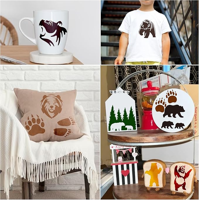 35 Pack Bear Stencils for Painting on Wood, Pine Tree Stencils Bear Claw Wildlife Animal Stencil Template for DIY Craft Wall Fabric Rock Chalkboard Sign School Art Scrapbook Projects (Bear)
