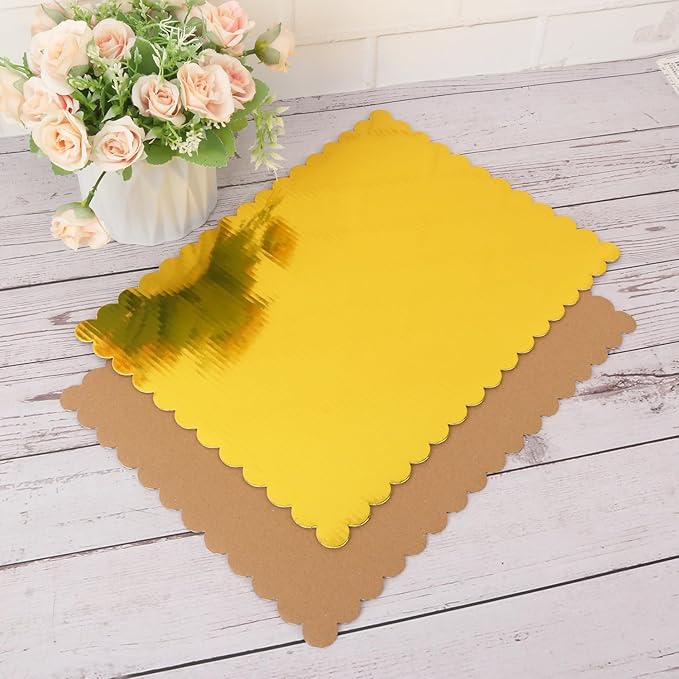 50 Pcs Gold Cake Boards, 14 x 10 Inch Rectangular Cardboard Cake Base, Scalloped Edges, Disposable Paper Cake Board for Elegant Dessert Presentation & Versatile Use