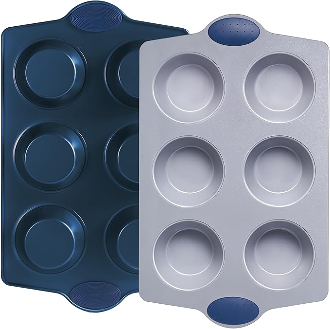 BRONYPRO 2-Pack 6-Cup Non Toxic Nonstick Ceramic Jumbo Muffin Pan & Cupcake Tin, PFOA & PFOA Free, Heavy Duty Rust-Resistant Aluminized Steel, Oven & Dishwasher Safe, Blue
