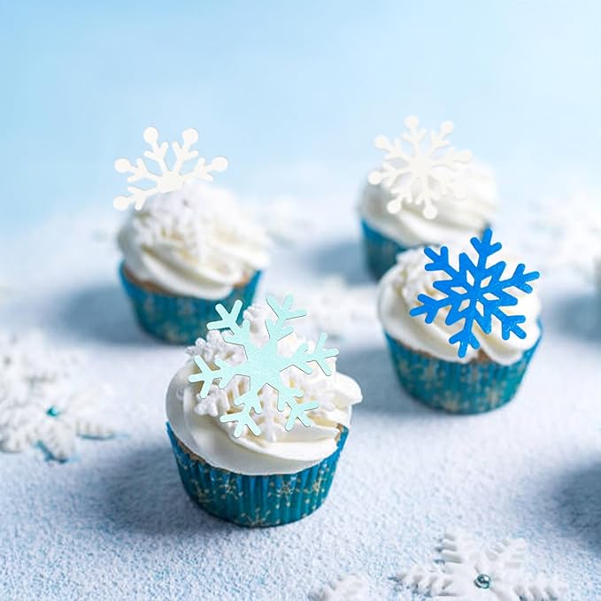 Gyufise 60Pcs Edible Snowflake Cupcake Toppers Winter Cupcake Picks Water Paper Winter Frozen Cake Decorations for Snowflake Theme Baby Shower Kids Birthday Party Supplies Light Blue White