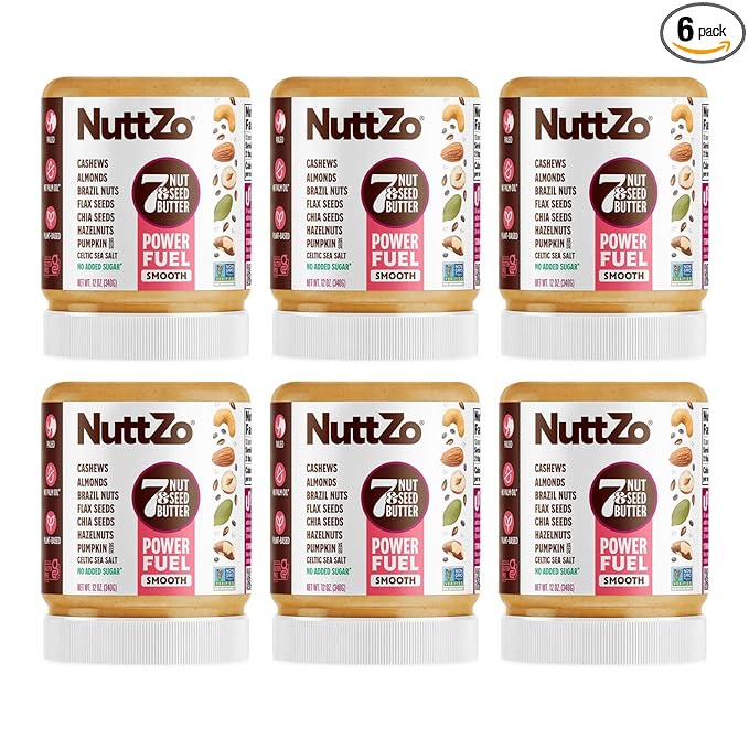 NuttZo Natural Power Fuel 7 Nuts and Seeds Butter, Smooth, Paleo and Keto Friendly, Peanut and Gluten Free, Kosher, No Added Sugar or Oil, 12 oz Jar, 6 Pack