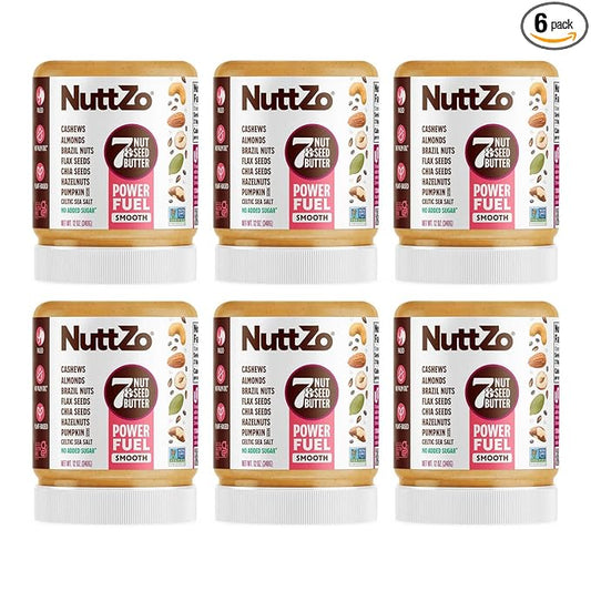 NuttZo Natural Power Fuel 7 Nuts and Seeds Butter, Smooth, Paleo and Keto Friendly, Peanut and Gluten Free, Kosher, No Added Sugar or Oil, 12 oz Jar, 6 Pack