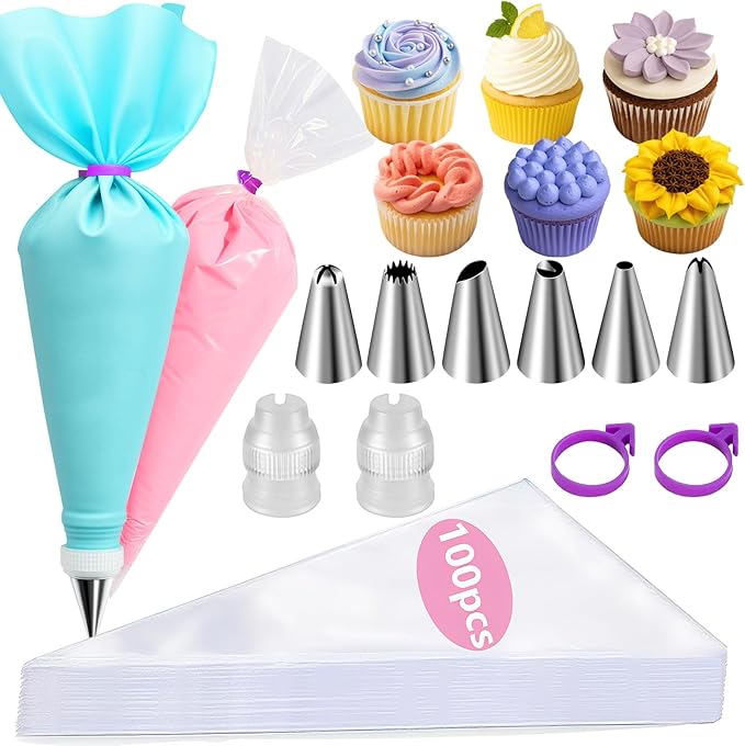NOVANO Piping Bags and Tips Set, Cakes Decorating Supplies Kit with 100pcs 12 Inch Pastry Bags, 6 Piping Tips,1 Reusable Pastry Bags, 2 Couplers, and 2 Icing Bags Ties,Simple and Convenient Baking Set