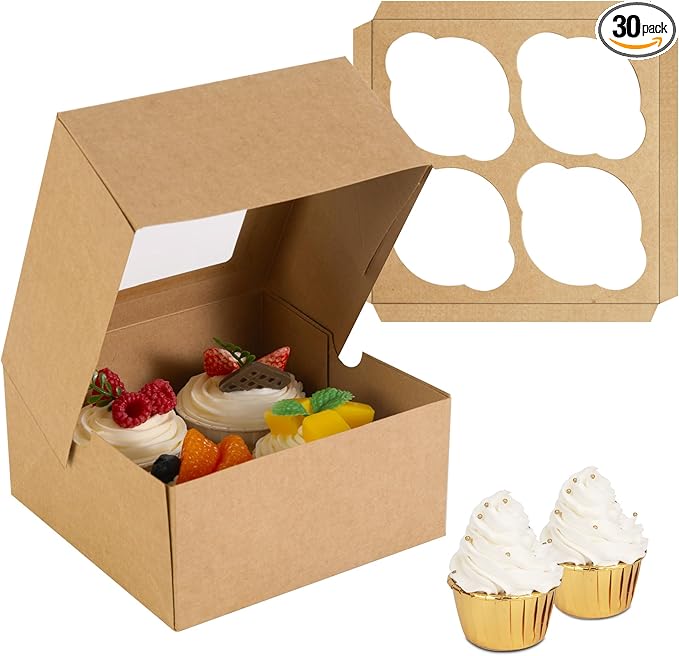Jotique 6x6x3 Bakery Cookie Boxes with Window, Kraft Paper Cupcake Treat Pastry Food Boxes for Baked Goods 30 Sets