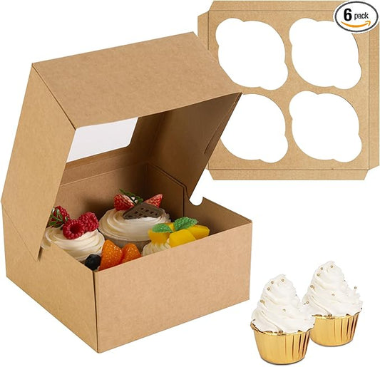 Jotique 6x6x3 Bakery Cookie Boxes with Window, Kraft Paper Cupcake Treat Pastry Food Boxes for Baked Goods 6 Sets