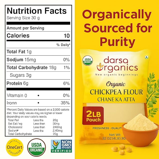 Darsa Organics Chickpea Flour, 2 lb - Premium Grade USDA Organic Certified Garbanzo Bean Flour, Besan for Cooking, Chane Ka Atta, Baking & Vegan Recipes, Gluten-Free, Non-GMO, Chemical-Free, Kosher, Vacuum-Sealed for lasting freshness