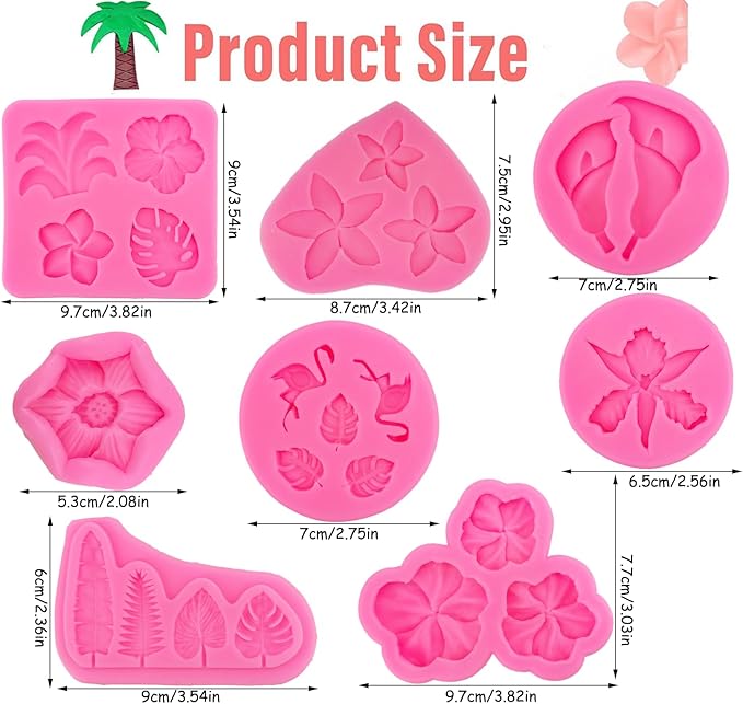 8Pcs Tropical Flowers Leaves Mold, Flower Silicone Chocolate Mold Plumeria Hibiscus Flower Monstera Palm Leaves Fondant Molds for Chocolate Candy Gum Paste Hawaiian Party Baking Cakes Decorating