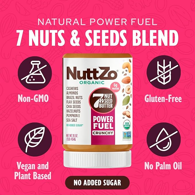 NuttZo Organic Power Fuel 7 Nuts and Seeds Butter, Crunchy, Paleo and Keto Friendly, Peanut and Gluten Free, Kosher, No Added Sugar or Oil, 16 oz Jar