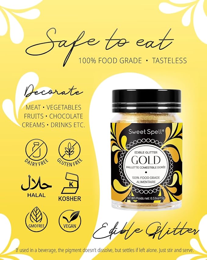 Sweet Spell Gold Edible Glitter (15g) - Shimmer Sparkles for Drinks, Cakes, Cocktails - 100% Edible & Food Grade Glitter, Vegan, Gluten-Free (Gold)