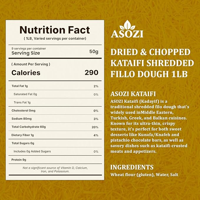 Dried & Chopped Kataifi 1lb - Authentic Middle Eastern Cookie Dough & Puff Pastry for Dubai Chocolate Filling for Kunafa, Baklava, and Desserts - 32oz, Natural Ingredients
