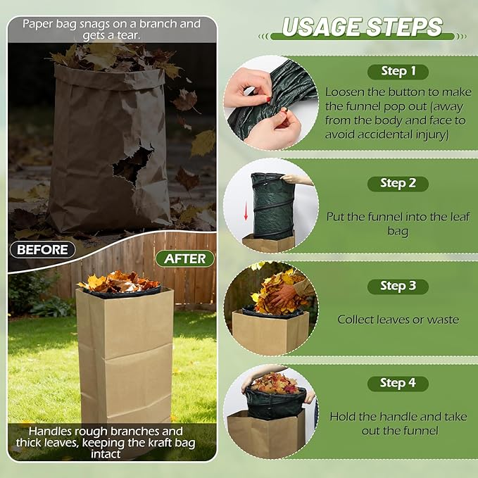 2Pcs Reusable Lawn Bag Funnel Holder, Heavy Duty PP Yard Leaf/Waste Bag, Stabilizer for 30 Gallon Paper Bags, Fits Patio, Lawn and Garden, Composting (green) (2)