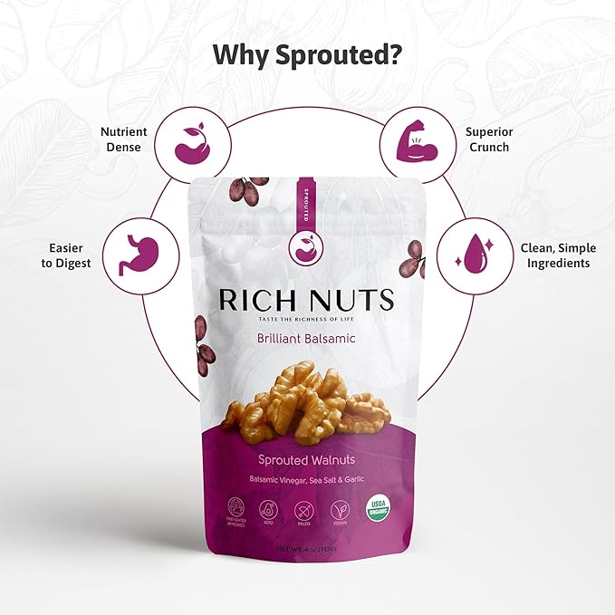 Rich Nuts Brilliant Balsamic Gourmet Sprouted Walnuts | Vegan, Paleo, Keto | Balsamic Vinegar, Garlic and Sea Salt | Non-Roasted, Dehyrdated, Germinated, Raw and Whole | 4 Oz Bag (2 Pack)