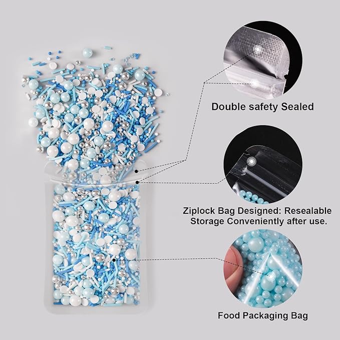 HUEBEATY 6-in-1 Blue and White Sprinkles for Cake Decorating – 180g/6.36oz Edible Baby Shower, Hanukkah, Frozen & Winter Sprinkles with Baby Blue Sugar, Nonpareils, Pearls & Jimmies for Cupcakes, Cookies, Ice Cream