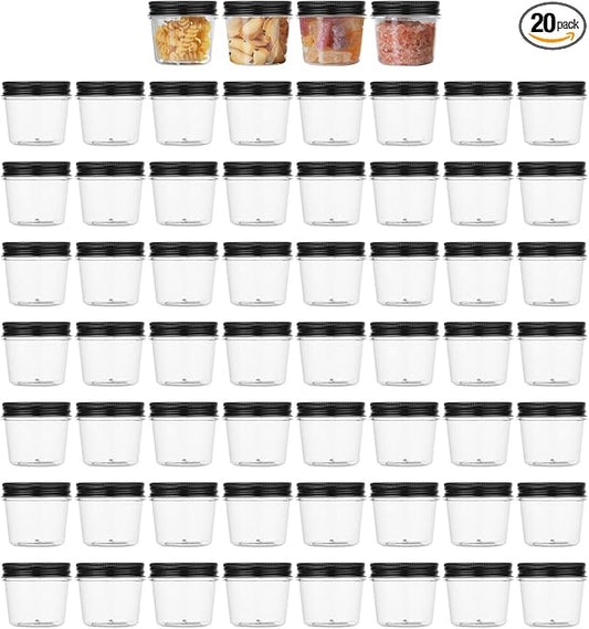 novelinks Plastic Jars With Lids 60Pcs 4 oz Mason Jars Plastic Mason Jars 4 oz Food Storage for Milkshakes Juice Nuts Cupcakes (Black, 60 Pack 4 Ounce)