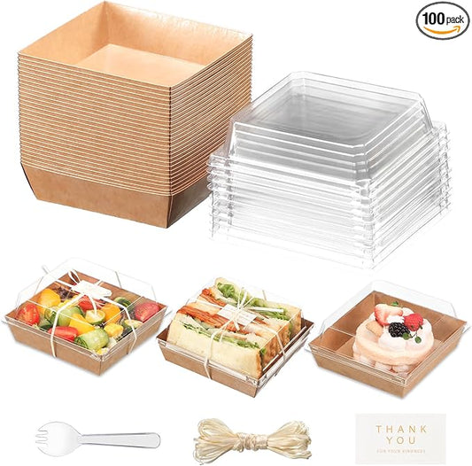 100pcs Smal Charcuterie Boxes with Clear Lids - Disposable Food Containers for Desserts,Boxes for Sandwich, Cake Slice Packaging, Fruit,Salad,Perfect for Bakery Treats,(Brown, 5.3 * 4.9 * 2.5 in)