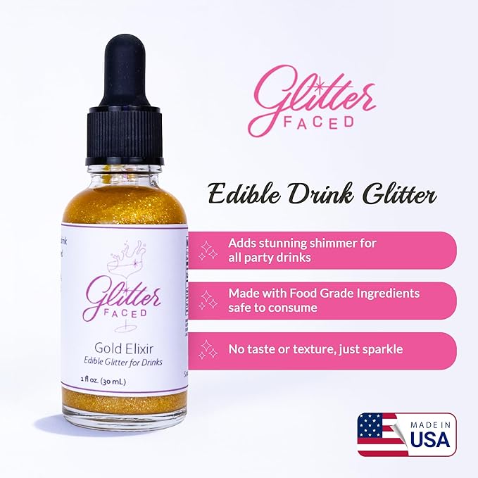 Glitter Faced Gold Edible Glitter For Drinks With 0-Calories, No Taste or Texture | 30ml Food-Grade, 30 Drinks, Luster Dust | Ideal for Beverages, Galentine’s, Parties & Events | Made in USA