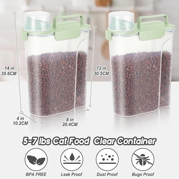 5-7Lbs Dog Cat Food Storage Container with Upgraded Large Nozzle BPA-free, 4 Snap Seals Plastic Pet Food Storage Containers with Handles (Light Green, 5L-3pack)
