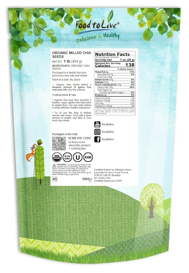 Food to Live Organic Chia Seeds Powder, 1 Pound Non-GMO Meal, Ground Raw, Cold Milled, Kosher, Vegan, Bulk. Rich in Omega-3, Fiber, Protein. Great as Thicker. For Baking, Salads, Smoothies.