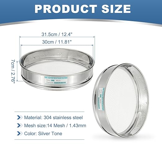 PATIKIL 14 Mesh(1.43mm) Lab Sieve, 11.8"(30cm) Diameter Sifting Screen 304 Stainless Steel Wire Cloth Fine Mesh Sieve for Industrial Laboratory Home Soil Sifter Dry Sift Screens Hash