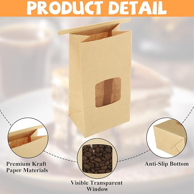 QTLCOHD 150 Pcs Small Bakery Bags with Window 3.54 x 2.36 x 6.7 Brown Tin Tie Tab Lock Kraft Paper Bread Bags for Cookies, Treat, Coffee, Pastry