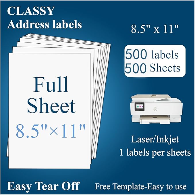 (500 Sheets, 500 Labels) Sticker Paper, 8.5" x 11" Full Sheet Shipping Address Labels, 1 Per Page Self Adhesive Mailing Label for Laser and Inkjet Printers
