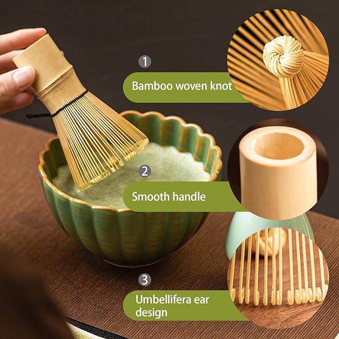 8PCS Matcha Whisk Set - Matcha Set Ceramic Whisk and Bowl, Japanese Buucup Matcha Set, Sifter, Scoop, Holder & Tea Towel for Traditional Matcha Ceremony (Green)