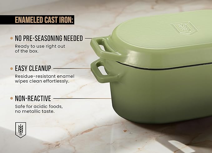 KooK Dutch Oven, for Bread Baking, Sourdough Loaf Pan, Dual Handles, Enameled Cast Iron, with Sling, Dishwasher Safe, 3.4 Qt, Sage Ombre