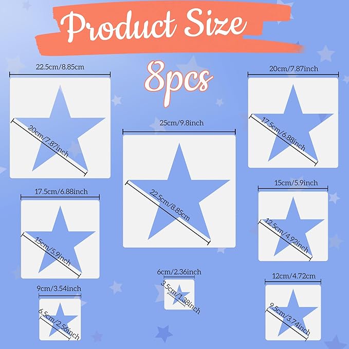8 PCS Large Star Stencil for Painting,Star Stencils Different Sizes Reusable Plastic Stencils for Painting Spraying Drawing on Wall Wood Flag Paper