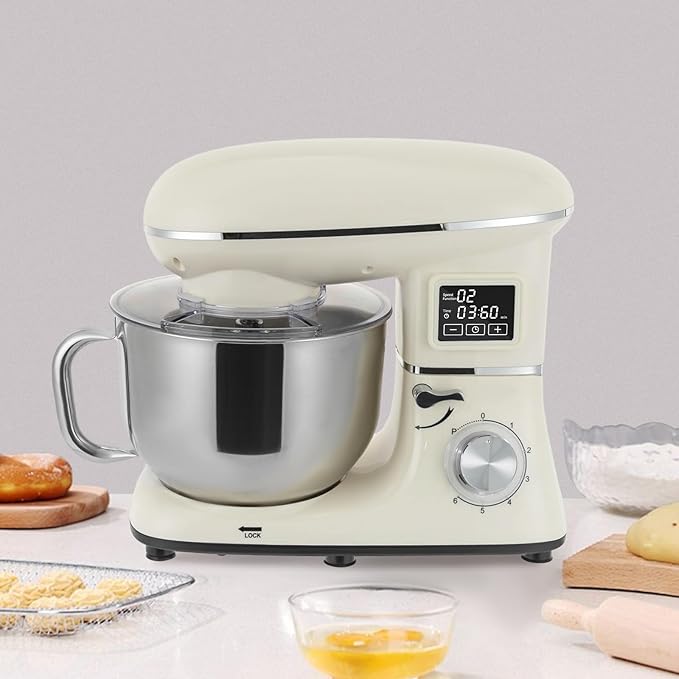 6.5Qt Stand Mixer, 1350W Electric Household Stand Kitchen Mixer With Lcd Timer Display, 6-Speed Dough Maker With Whisk Beater & Hook, For Baking Bread Cake Cream, Compact For Small Kitchen (white)