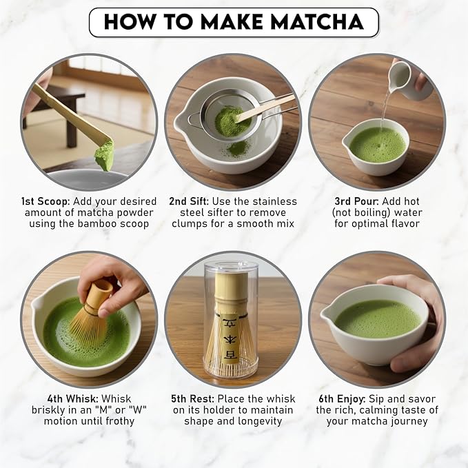 10 Pcs Matcha Kit Set, Ceramic Matcha Set Includes 17oz Matcha Bowl, Bamboo Whisk and Scoop, Whisk Holder, Sifter, Scoop holder, Measuring Cup, Powder Caddy, Tea Towel and Instruction Manual (White)